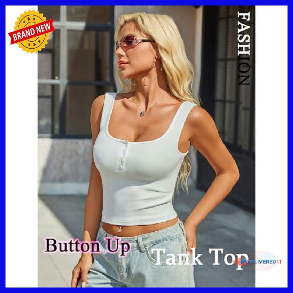 Ribbed Crop Tank Top Square Neck Button Front Slimming Summer Top - Picture 5 of 8